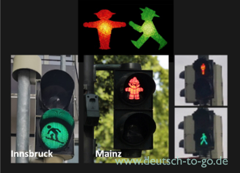 Verschiedene Ampeltypen, zum Beispiel in Innsbruck und Mainz.