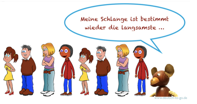 Menschen stehen in einer langen Schlange und ein Äffchen sagt: "Meine Schlange ist bestimmt wieder die langsamste ..."
