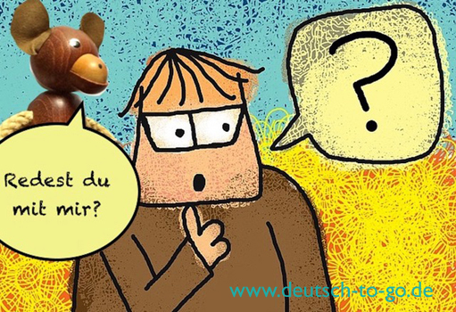 Ein Mann, der mit sich selber spricht und ein Äffchen, das fragt: "Redest du mit mir?"