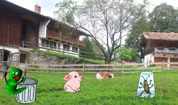 Ein Bauernhof mit Kuh und Schwein, ein Insekt unter einem Glas und ein Wurm mit Messer und Gabel vor einer Mülltonne.